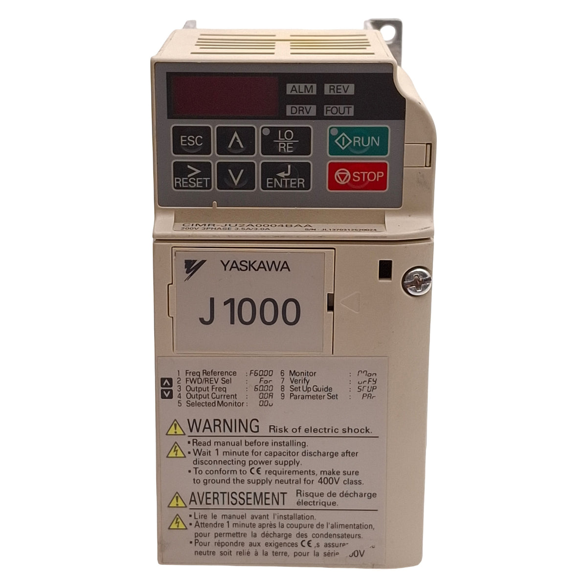 Used Yaskawa CIMR-JU2A0004BAA Variable Frequency Drive, 0.75kW, 3Ø 200-240VAC Input