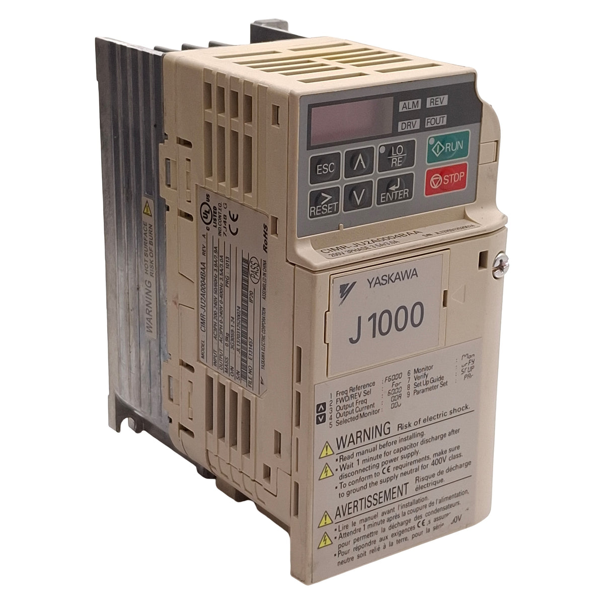 Used Yaskawa CIMR-JU2A0004BAA Variable Frequency Drive, 0.75kW, 3Ø 200-240VAC Input