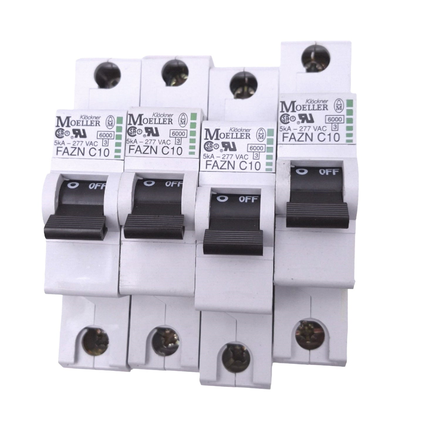 Used Lot of 4 Moeller FAZN-C10/1 Circuit Breakers, 1-Pole 10A, 277VAC, DIN Rail