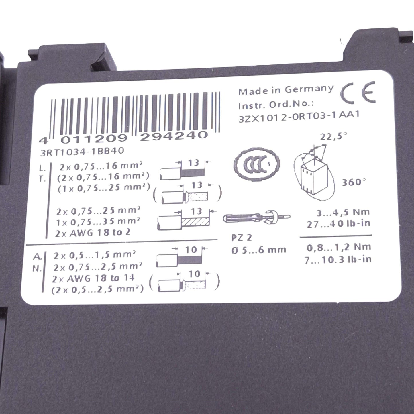 Used Siemens 3RT1034-1BB40 Sirius Contactor, 3-Pole NO, AC-3 400V 15kW, 24VDC Coil