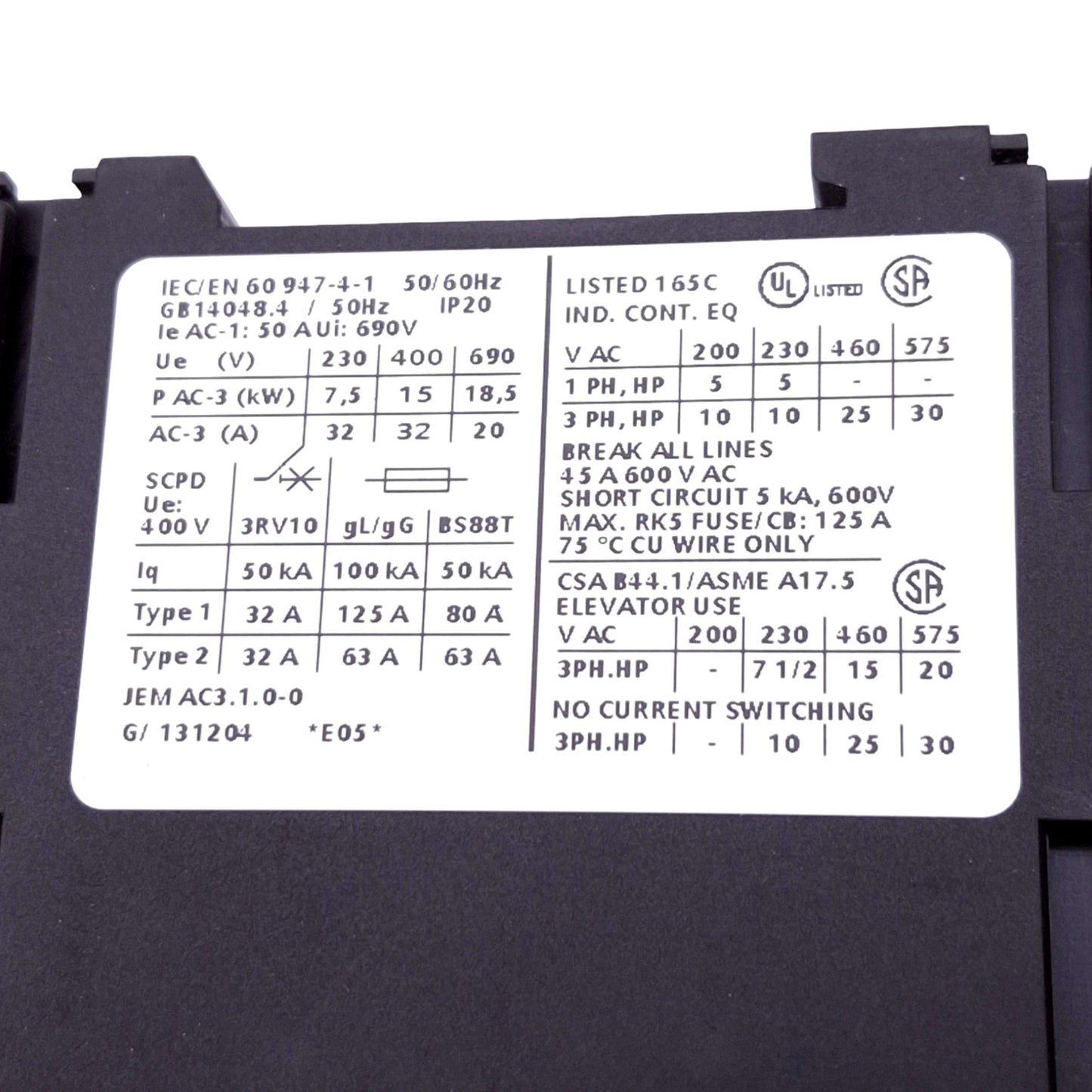 Used Siemens 3RT1034-1BB40 Sirius Contactor, 3-Pole NO, AC-3 400V 15kW, 24VDC Coil
