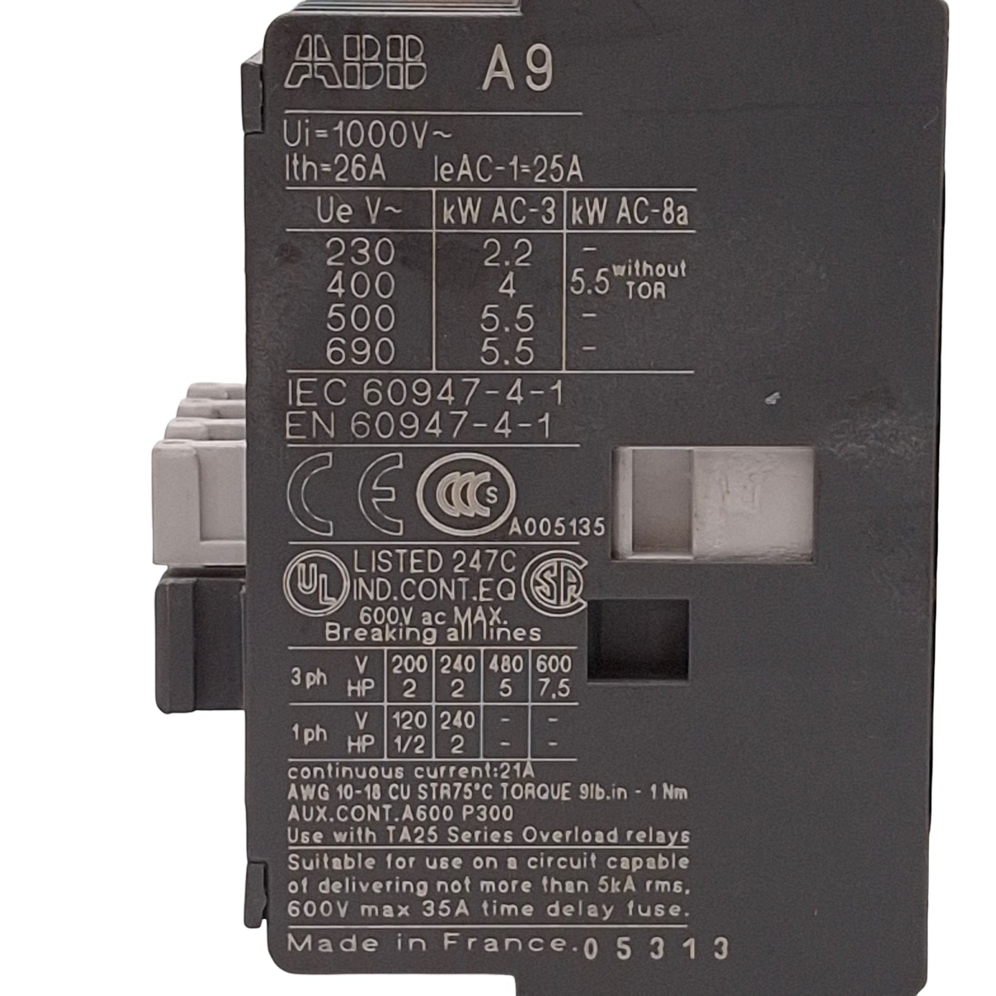 Used Lot of 2 ABB A9-30-10 Contactor, 3NO+1NO Aux, 7.5HP @ 3Ø 600VAC, 230-240VAC Coil