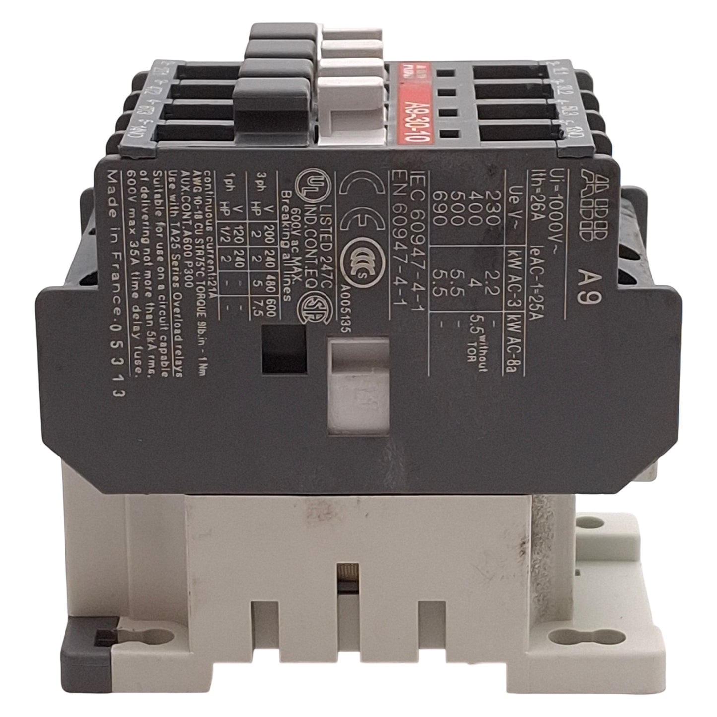 Used Lot of 2 ABB A9-30-10 Contactor, 3NO+1NO Aux, 7.5HP @ 3Ø 600VAC, 230-240VAC Coil