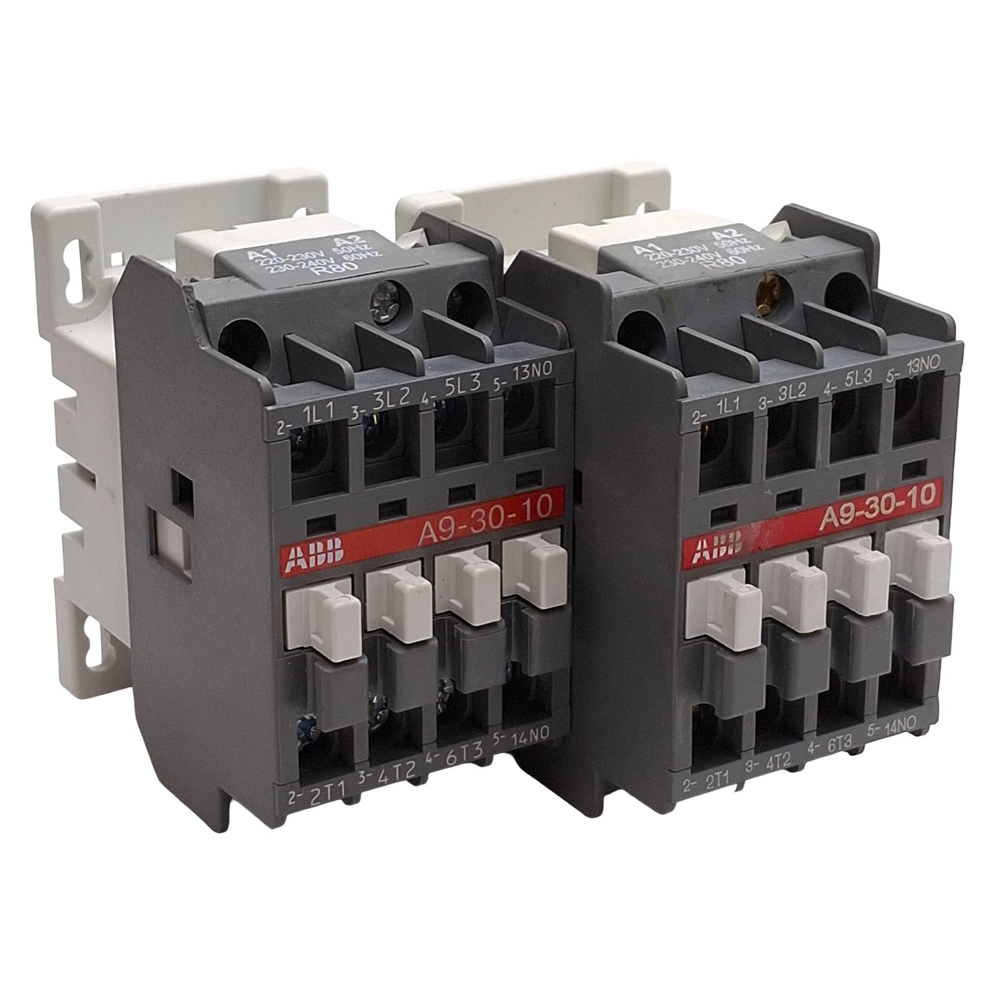 Used Lot of 2 ABB A9-30-10 Contactor, 3NO+1NO Aux, 7.5HP @ 3Ø 600VAC, 230-240VAC Coil