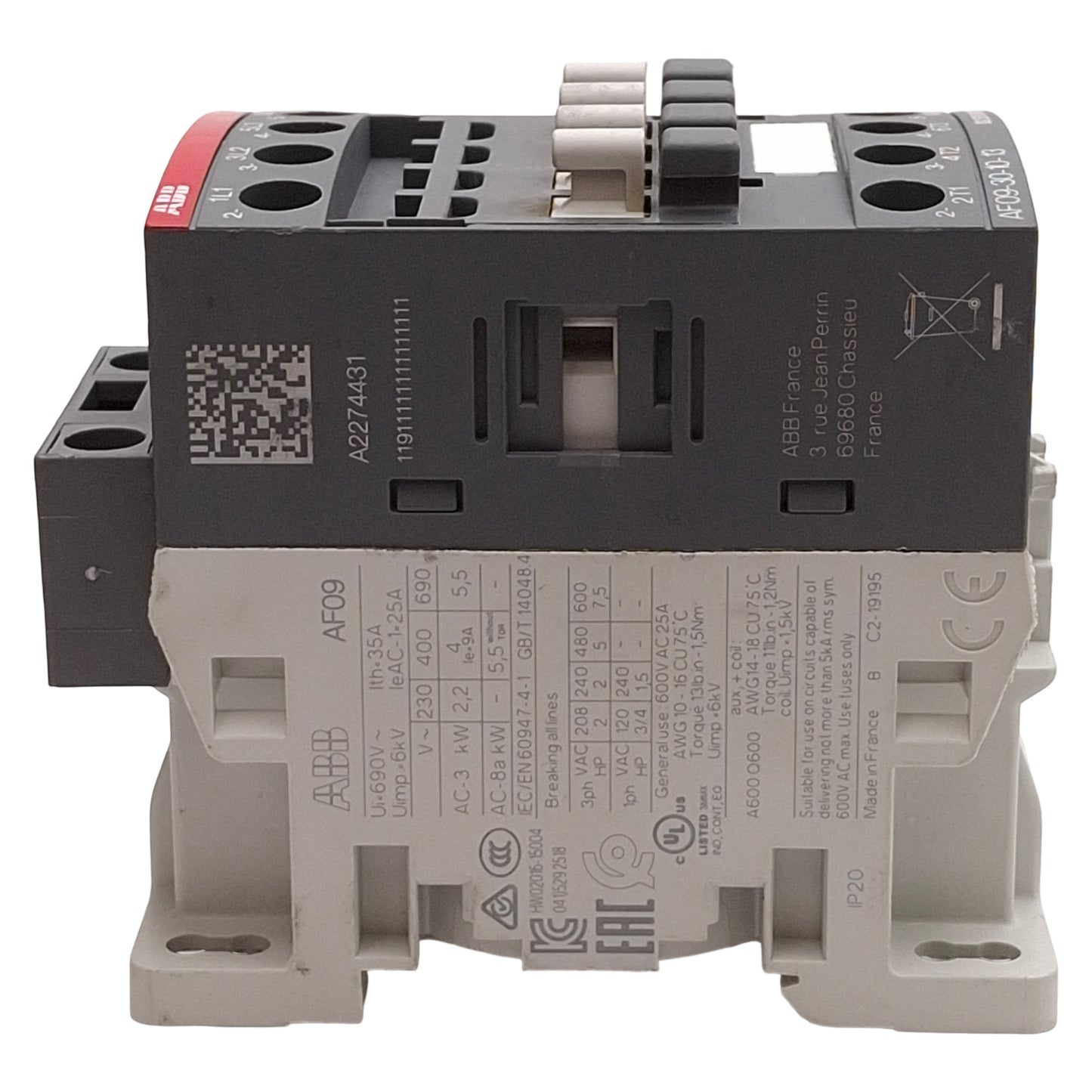 Used ABB AF09-30-10-13 Contactor, 3NO+1NO Aux, 7.5HP @ 3Ø 600VAC, 100-250VAC/DC Coil