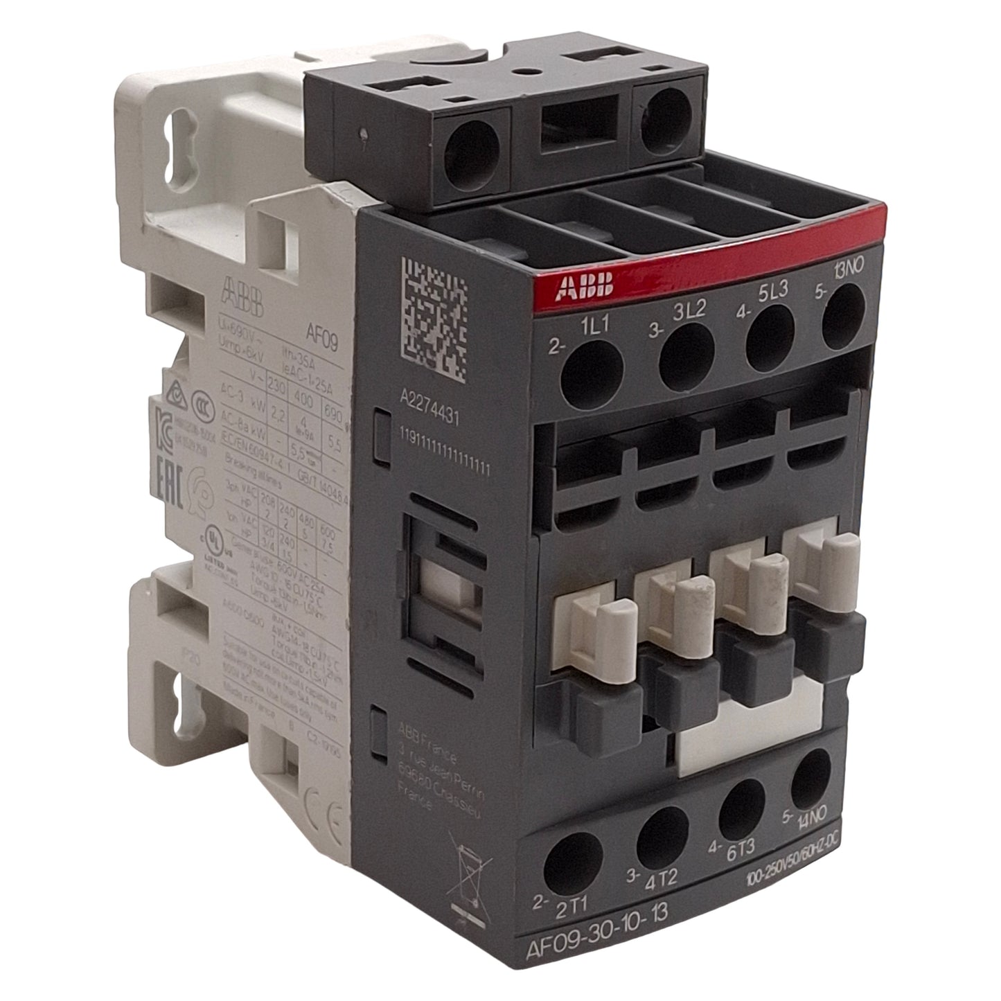 Used ABB AF09-30-10-13 Contactor, 3NO+1NO Aux, 7.5HP @ 3Ø 600VAC, 100-250VAC/DC Coil