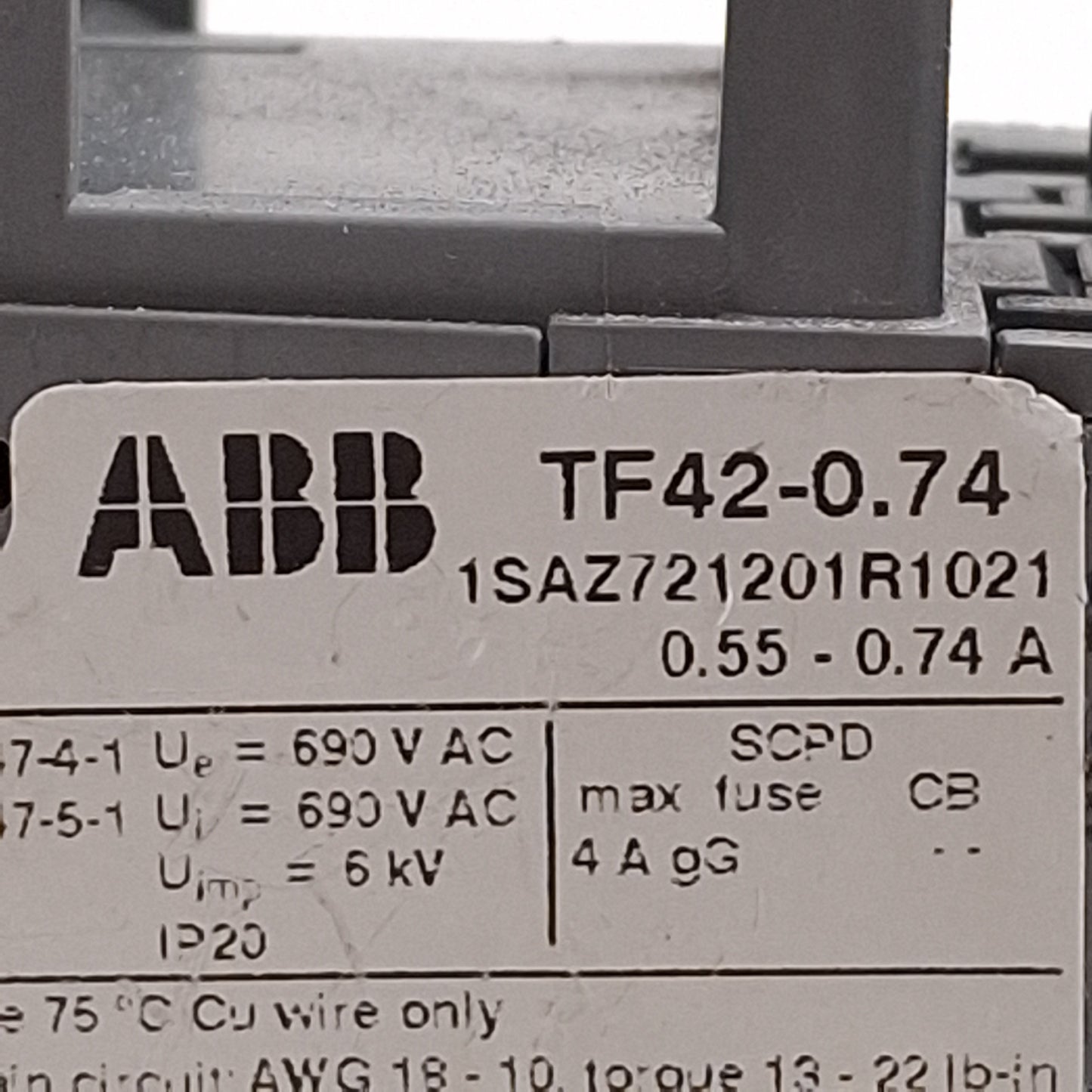 Used ABB TF42-0.74 Thermal Overload Relay For AF09~AF38 Contactor, 3-Pole, 0.55-0.74A