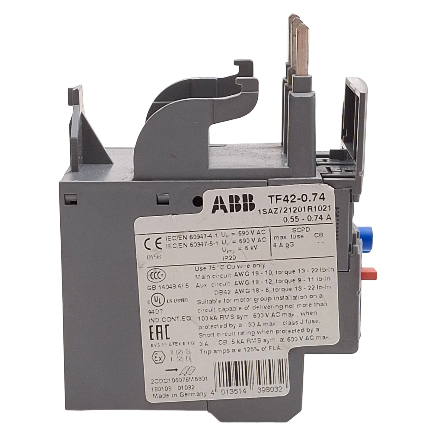 Used ABB TF42-0.74 Thermal Overload Relay For AF09~AF38 Contactor, 3-Pole, 0.55-0.74A