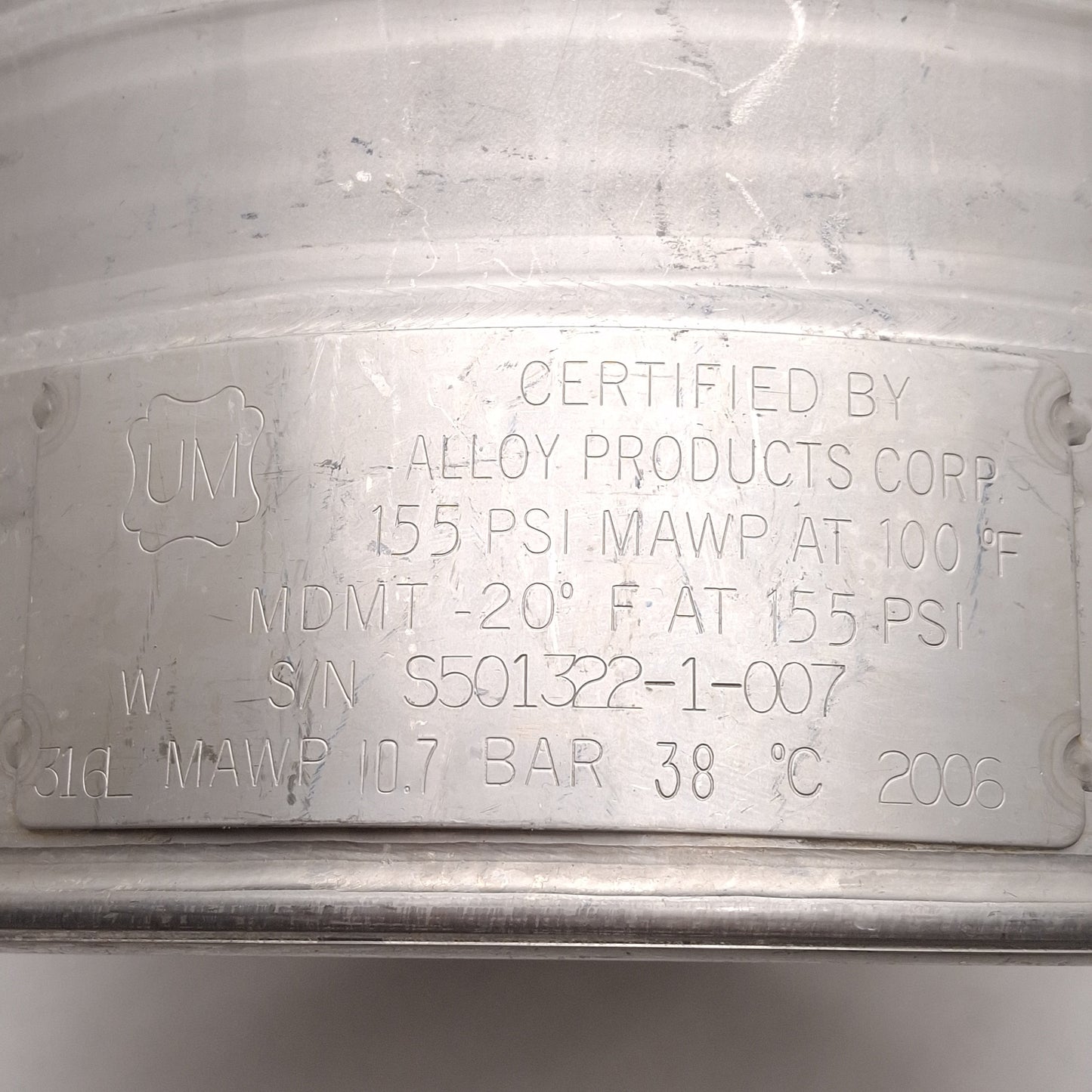 Used Alloy Products B501-4705-00-E-R General Purpose Pressure Vessel, 2gal, T-316L