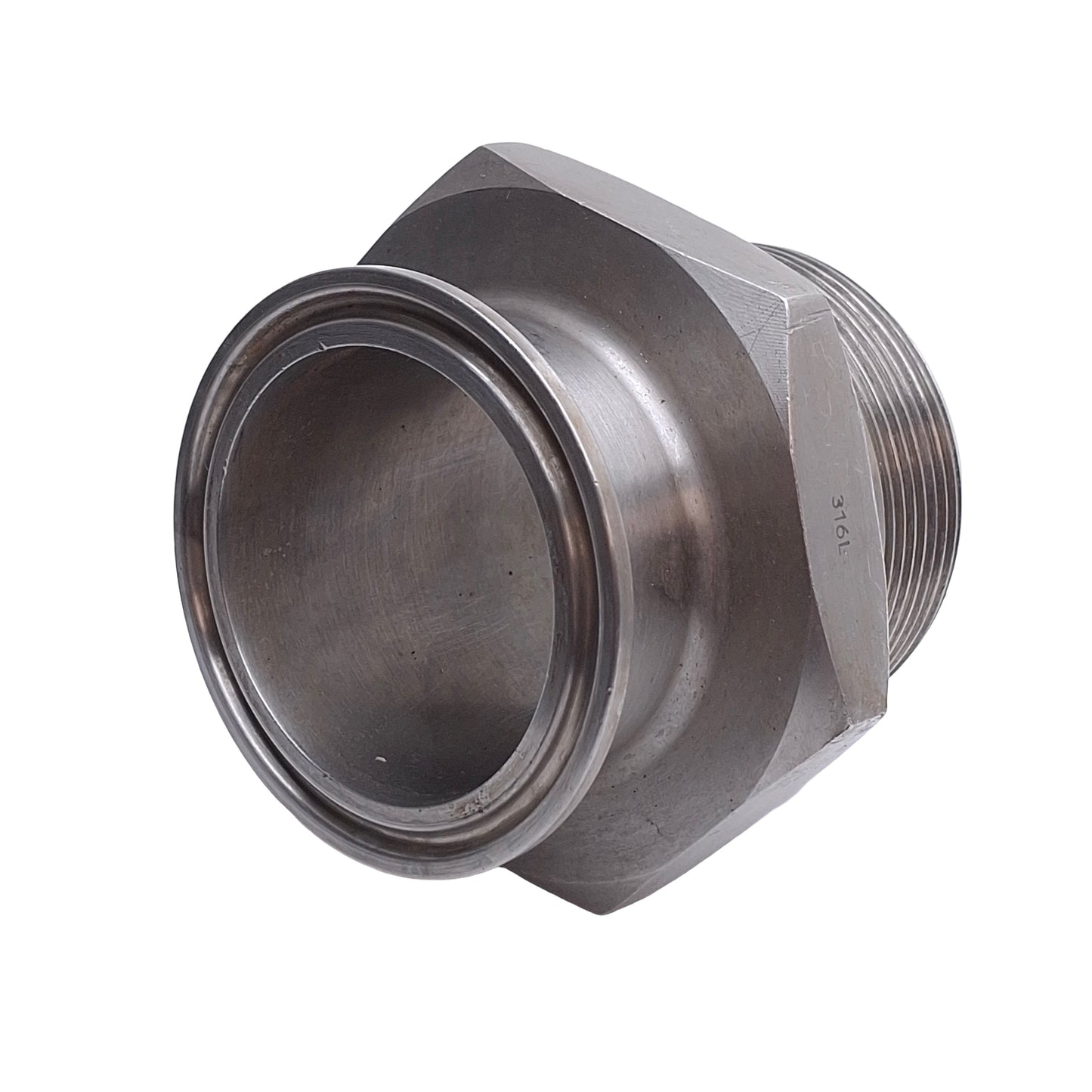 Used Triclamp Sanitary Adapter Large Hex 2in Tri-Clamp To 2in NPT Male 316L Stainless