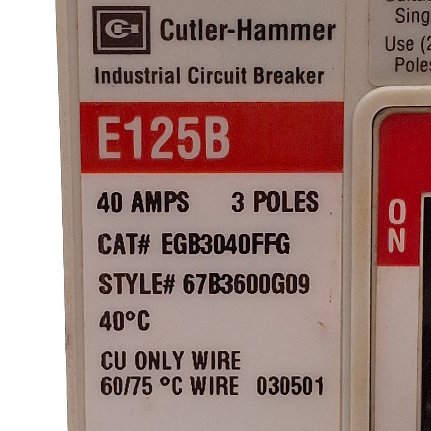 Used Cutler Hammer EGB3040FFG E125B Circuit Breaker, 3-Pole 40A, 415VAC 250VDC Max