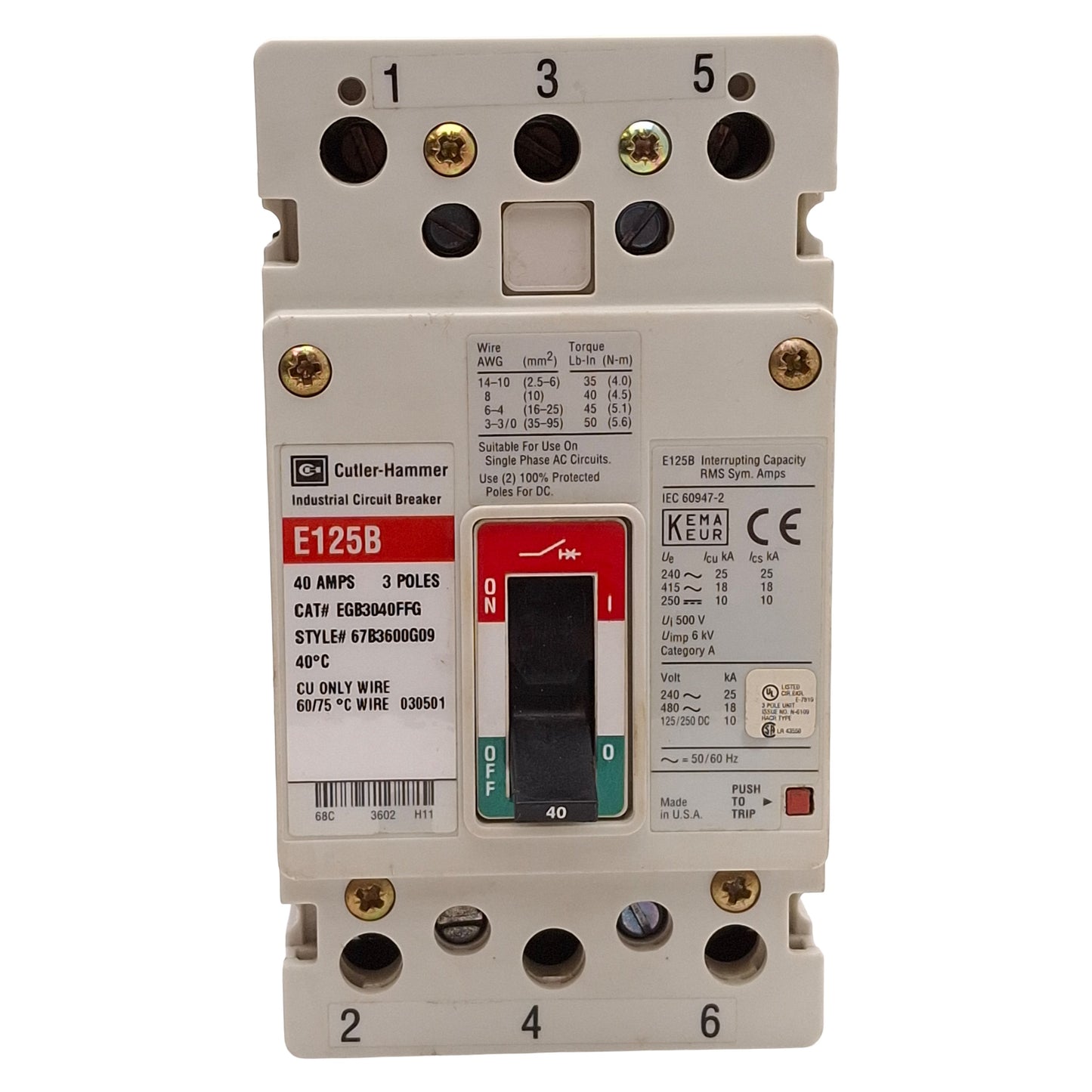 Used Cutler Hammer EGB3040FFG E125B Circuit Breaker, 3-Pole 40A, 415VAC 250VDC Max