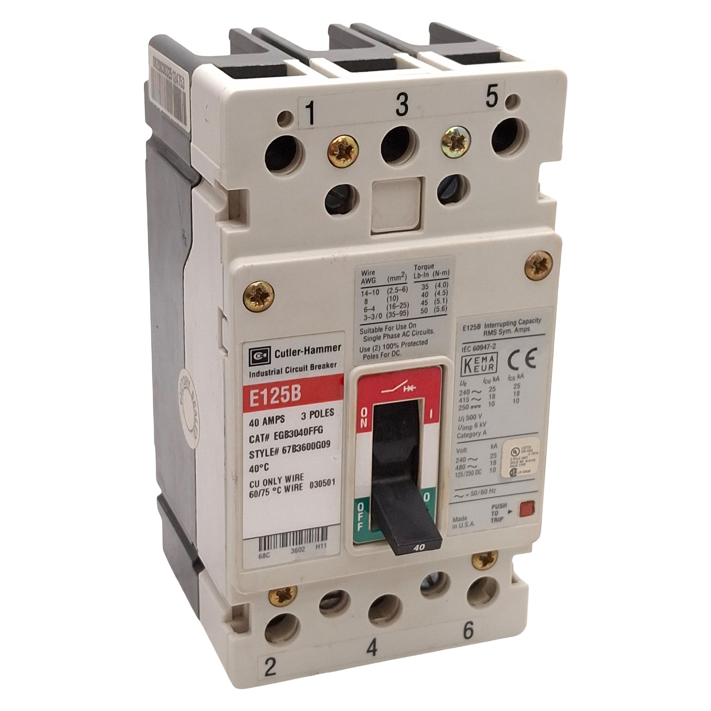 Used Cutler Hammer EGB3040FFG E125B Circuit Breaker, 3-Pole 40A, 415VAC 250VDC Max