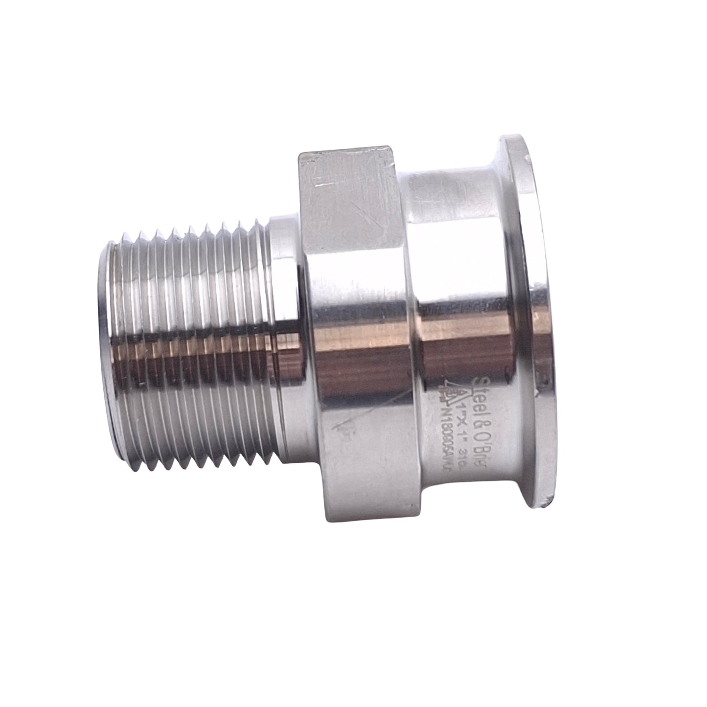 Used Steel & Obrien 21MP-1 Sanitary Clamp Adapter, 1in Tri-Clamp to 1in NPT, 316L SS