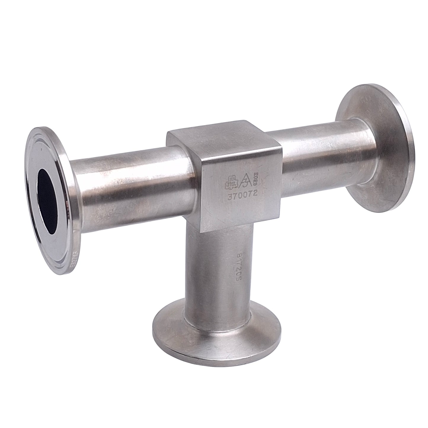 Used Sanitary Tri-Clamp Tee Fitting, SFF4 Finish, 5.25in x 3.5in, 1-1/2in Tri-Clamp