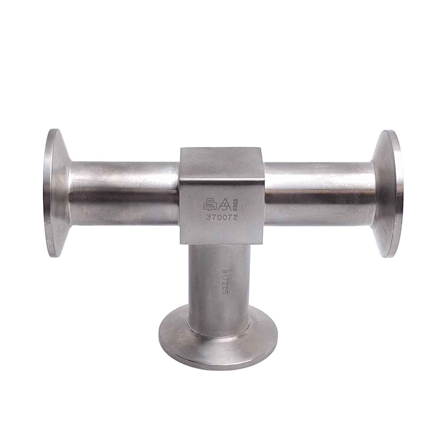 Used Sanitary Tri-Clamp Tee Fitting, SFF4 Finish, 5.25in x 3.5in, 1-1/2in Tri-Clamp