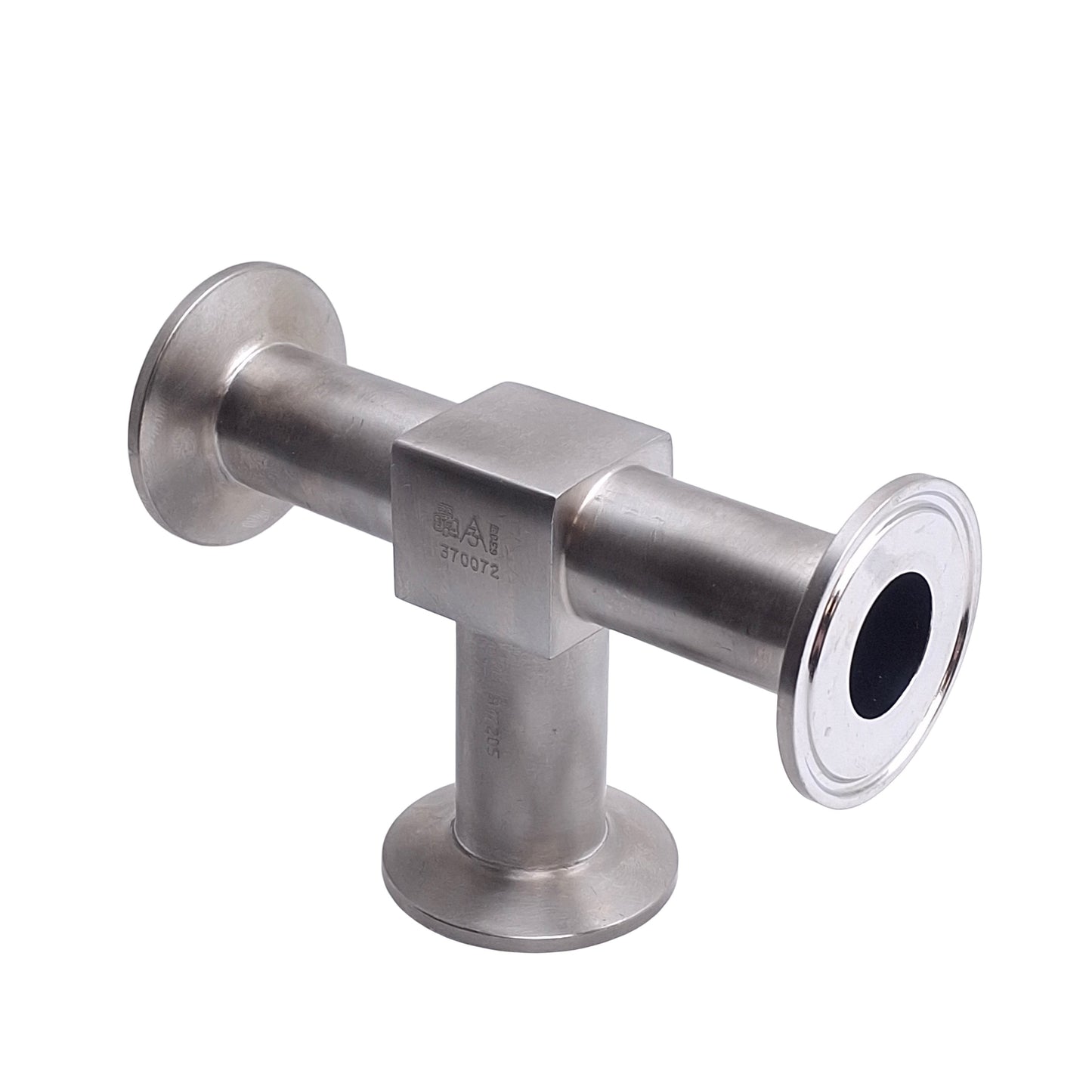 Used Sanitary Tri-Clamp Tee Fitting, SFF4 Finish, 5.25in x 3.5in, 1-1/2in Tri-Clamp