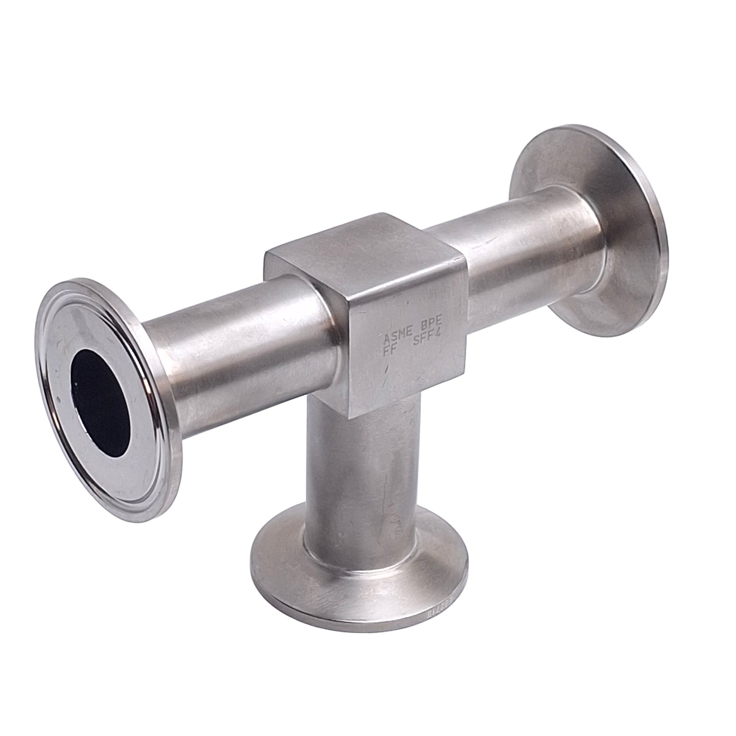 Used Sanitary Tri-Clamp Tee Fitting, SFF4 Finish, 5.25in x 3.5in, 1-1/2in Tri-Clamp