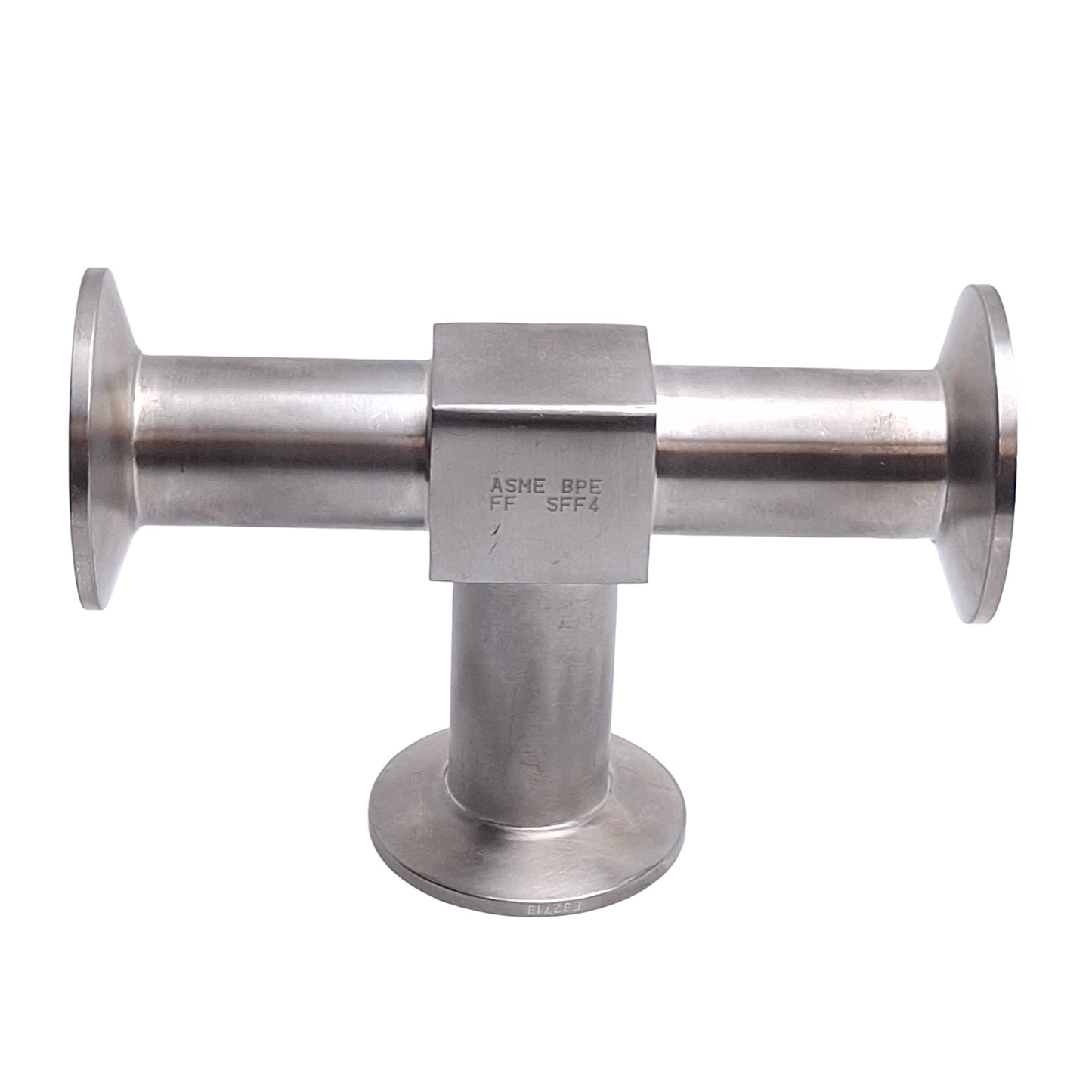 Used Sanitary Tri-Clamp Tee Fitting, SFF4 Finish, 5.25in x 3.5in, 1-1/2in Tri-Clamp