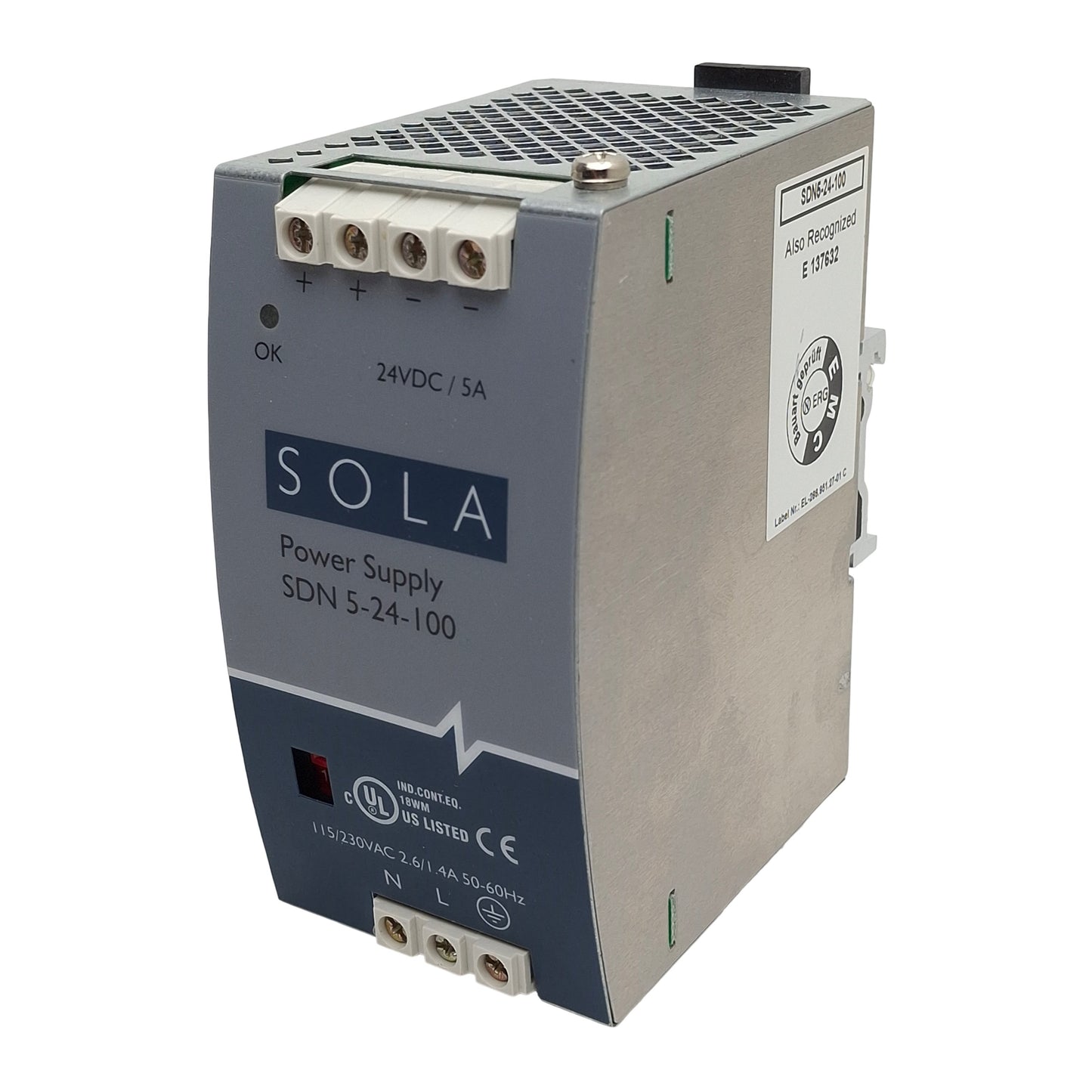 Used Sola SDN5-24-100 Power Supply, 115/230VAC In, 5A 24VDC Out, 120W, DIN Rail