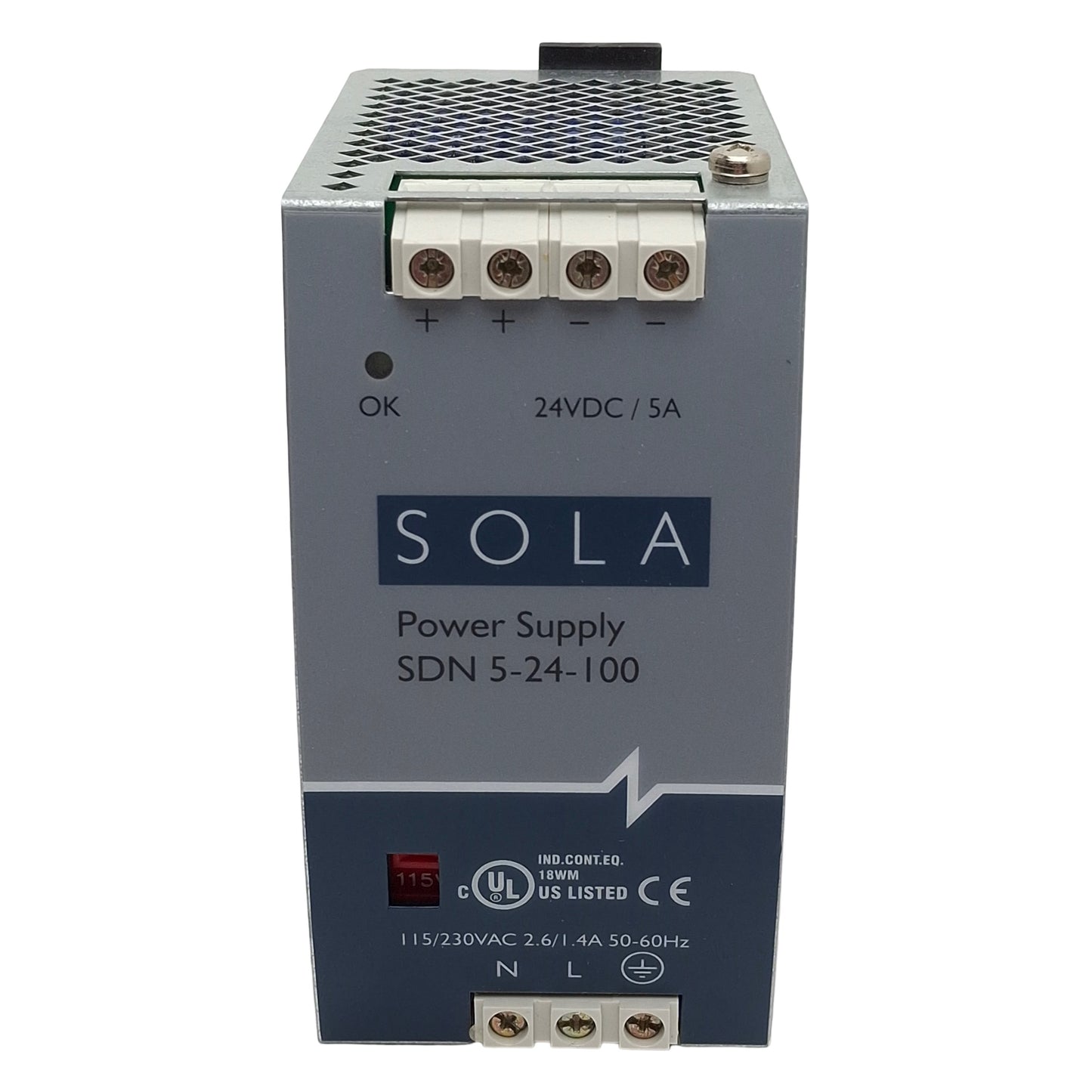 Used Sola SDN5-24-100 Power Supply, 115/230VAC In, 5A 24VDC Out, 120W, DIN Rail