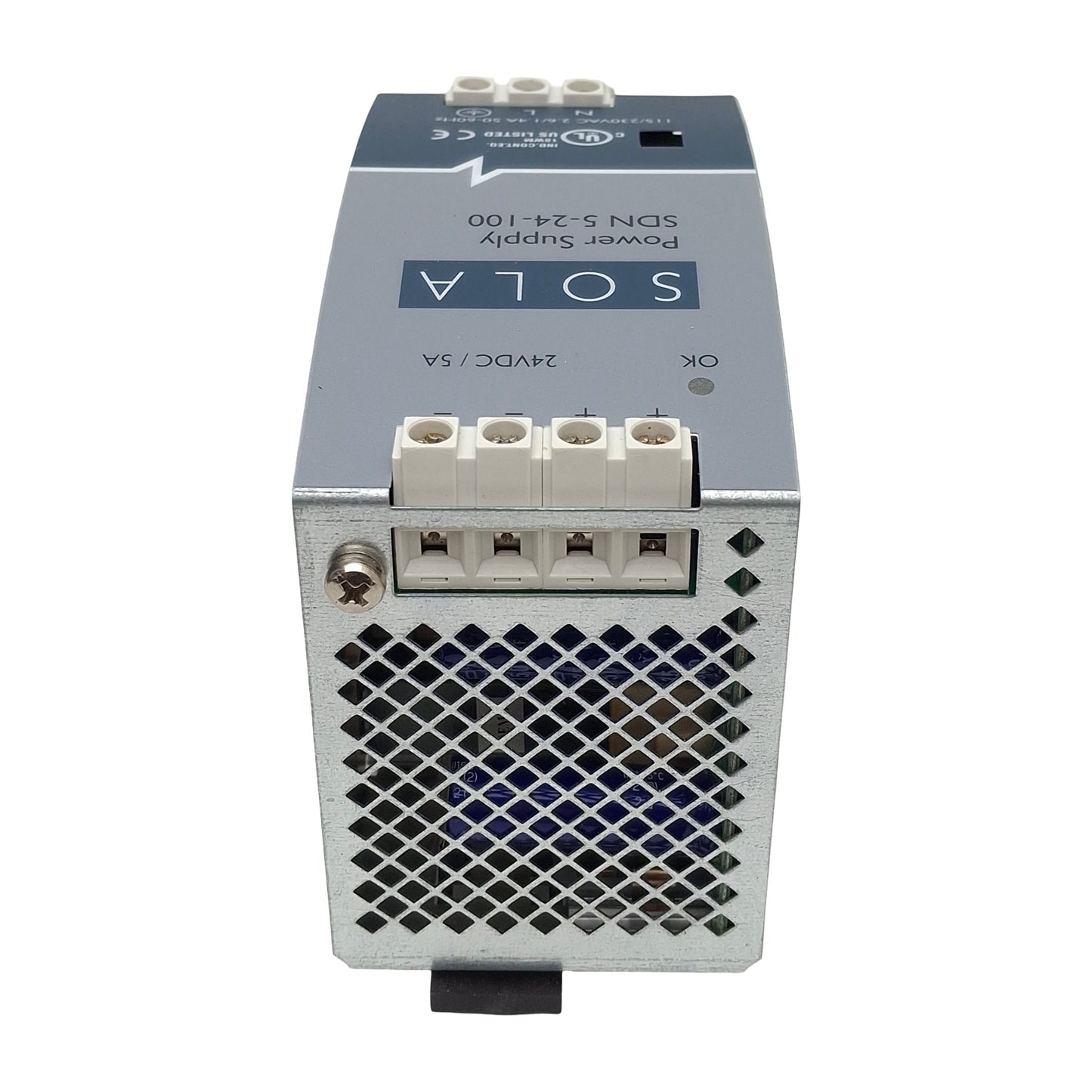 Used Sola SDN5-24-100 Power Supply, 115/230VAC In, 5A 24VDC Out, 120W, DIN Rail