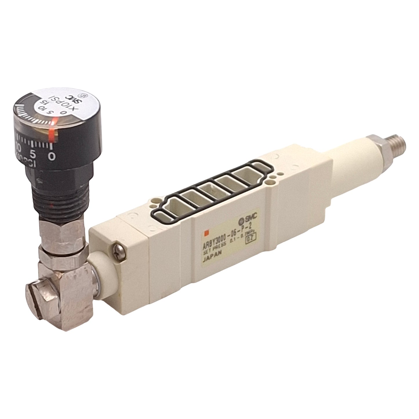 Used SMC ARBY3000-06-P-2 Solenoid Interface Regulator w/ Gauge 0.1-0.7MPa Set, SY3000