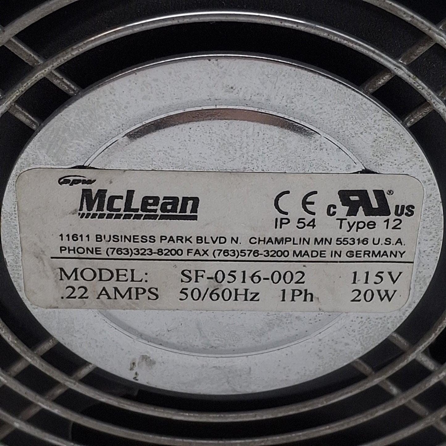 Used McLean SF-0516-002 Enclosure Filter & Fan, 148x148x70mm, 1 Phase, 115V 0.22A 20W