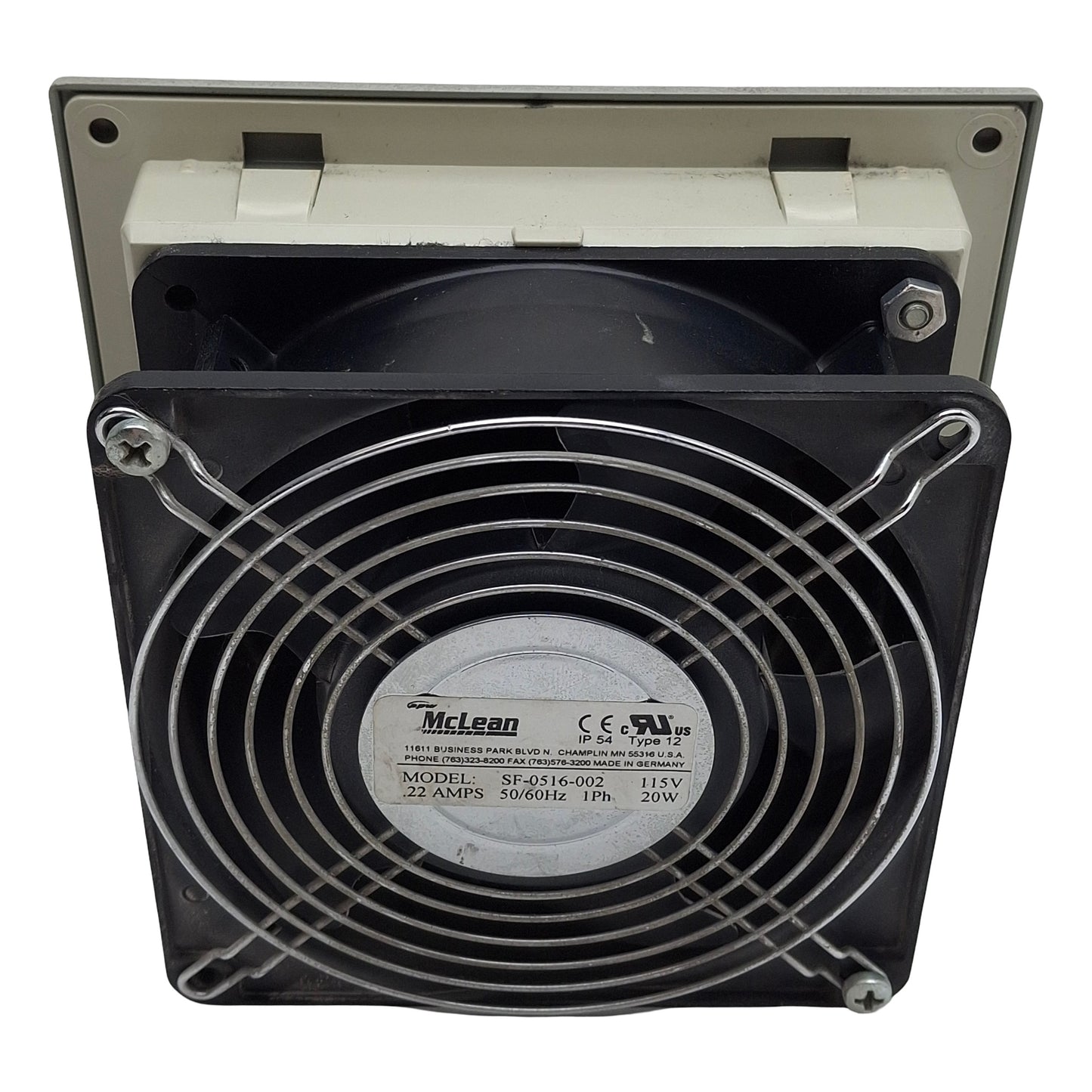 Used McLean SF-0516-002 Enclosure Filter & Fan, 148x148x70mm, 1 Phase, 115V 0.22A 20W