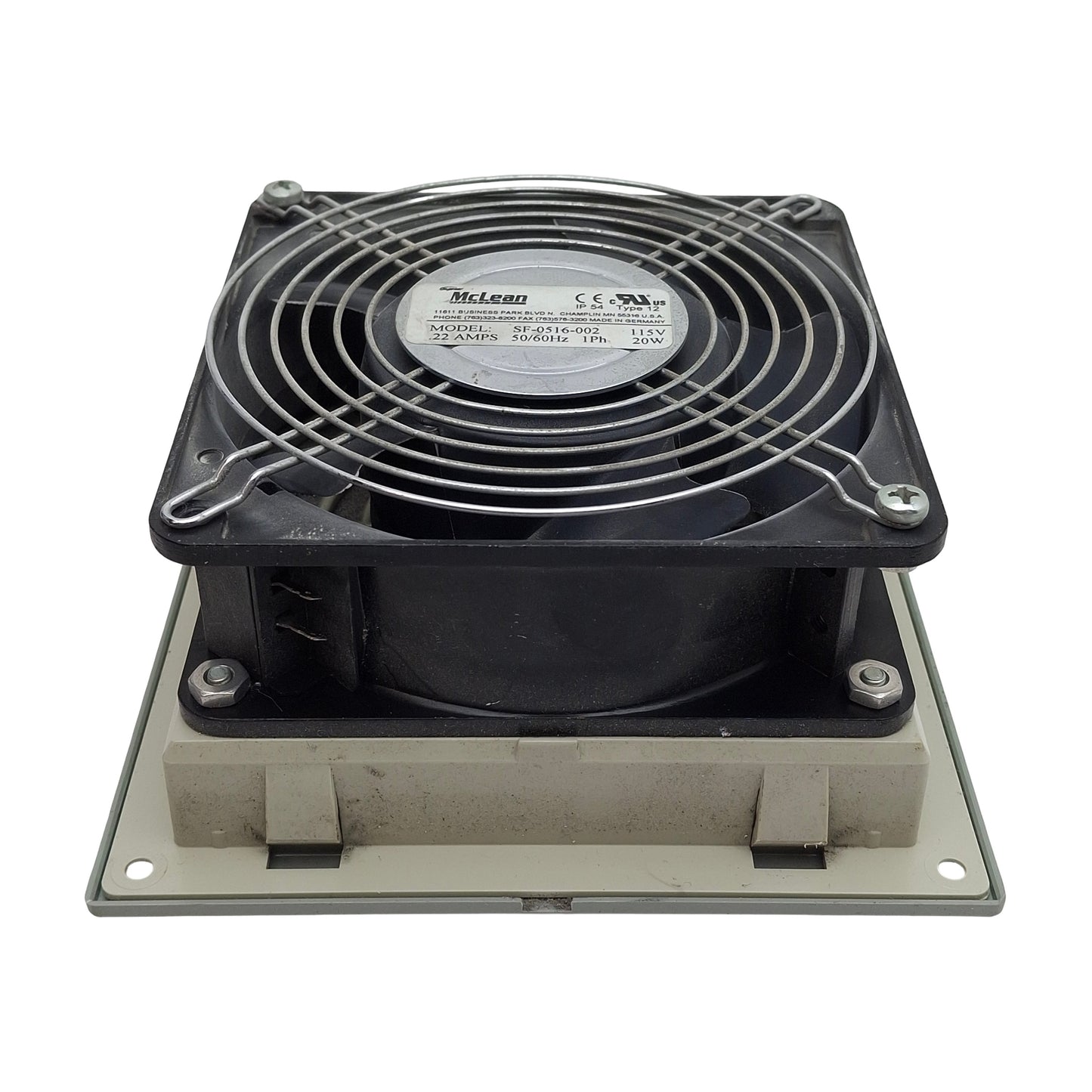 Used McLean SF-0516-002 Enclosure Filter & Fan, 148x148x70mm, 1 Phase, 115V 0.22A 20W