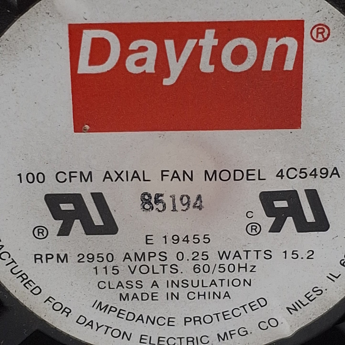 Used Dayton 4C549A Axial Cooling Fan 100CFM, 115VAC 0.25A, 2950RPM, 120x120x38mm