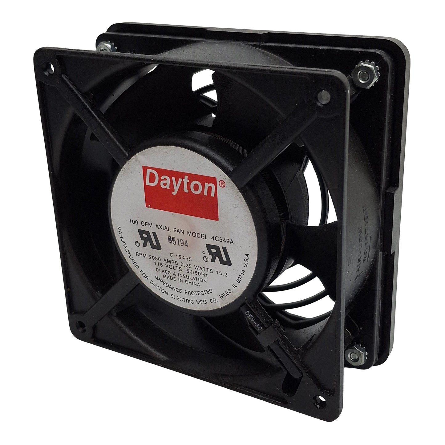 Used Dayton 4C549A Axial Cooling Fan 100CFM, 115VAC 0.25A, 2950RPM, 120x120x38mm