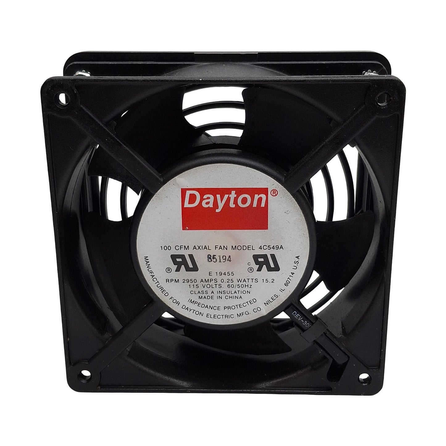 Used Dayton 4C549A Axial Cooling Fan 100CFM, 115VAC 0.25A, 2950RPM, 120x120x38mm