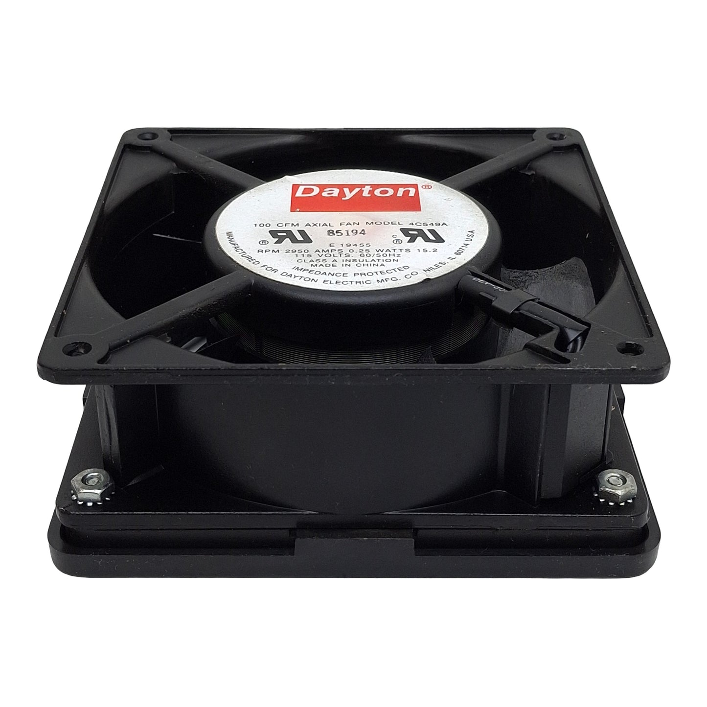 Used Dayton 4C549A Axial Cooling Fan 100CFM, 115VAC 0.25A, 2950RPM, 120x120x38mm
