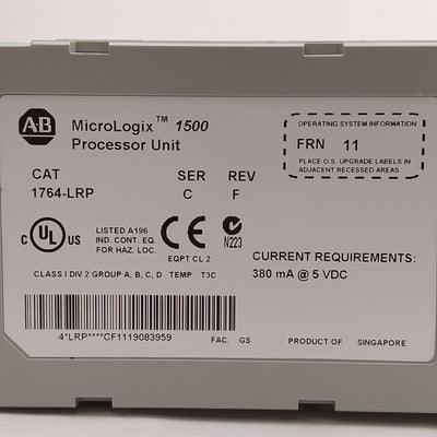 Used Allen Bradley 1764-LRP Ser C Rev F Frn 11 MicroLogix 1500 Processor Unit, 5VDC