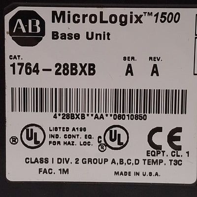 Used Allen Bradley 1764-28BXB MicroLogix 1500 Base, 16x DC Inputs, 12x Relay Outputs