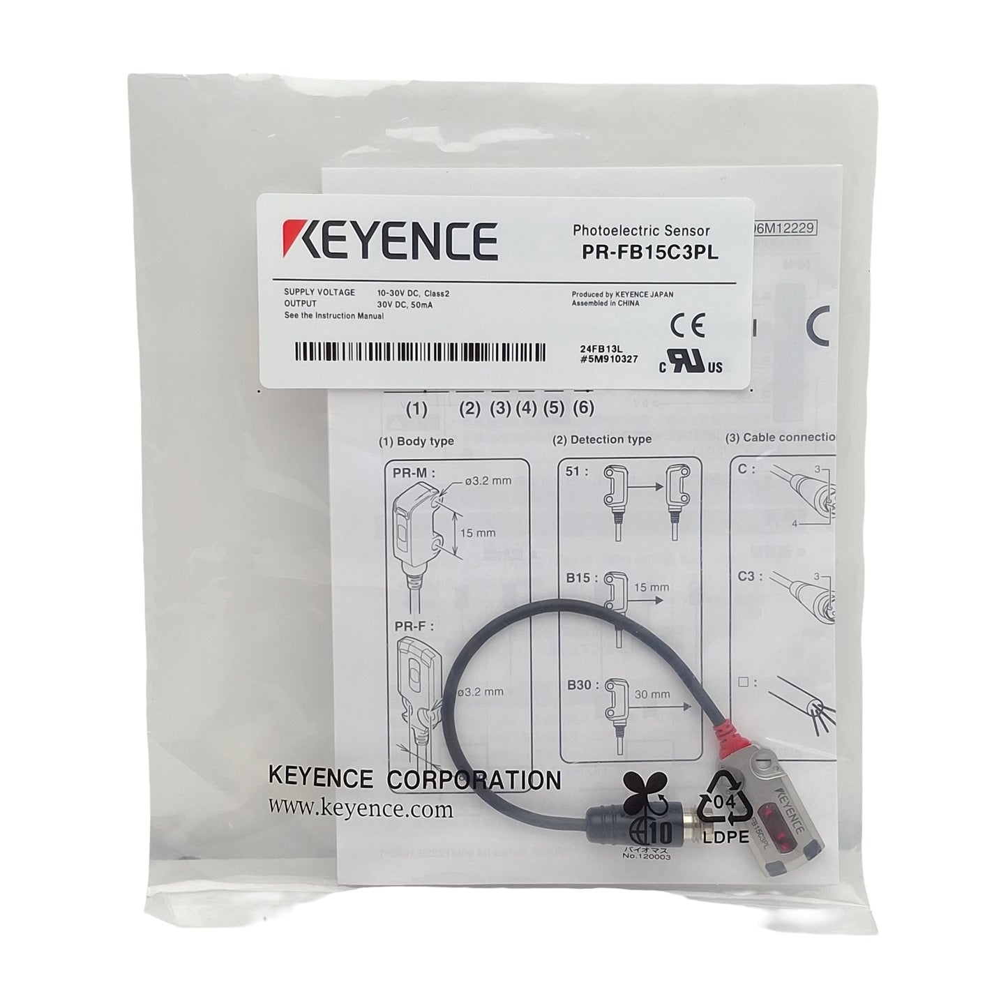 New Keyence PR-FB15C3PL Photoelectric Sensor, PNP, 1-15mm Range, 10-30VDC, 3-Pin M8
