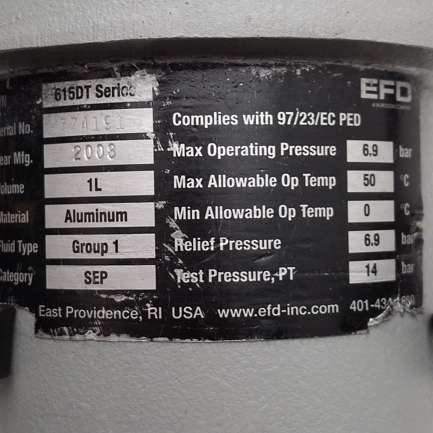 Used Nordson EFD 615DT Cast Aluminum Fluid Pressure Reservoir, 1L, 6.9 bar, 50°C