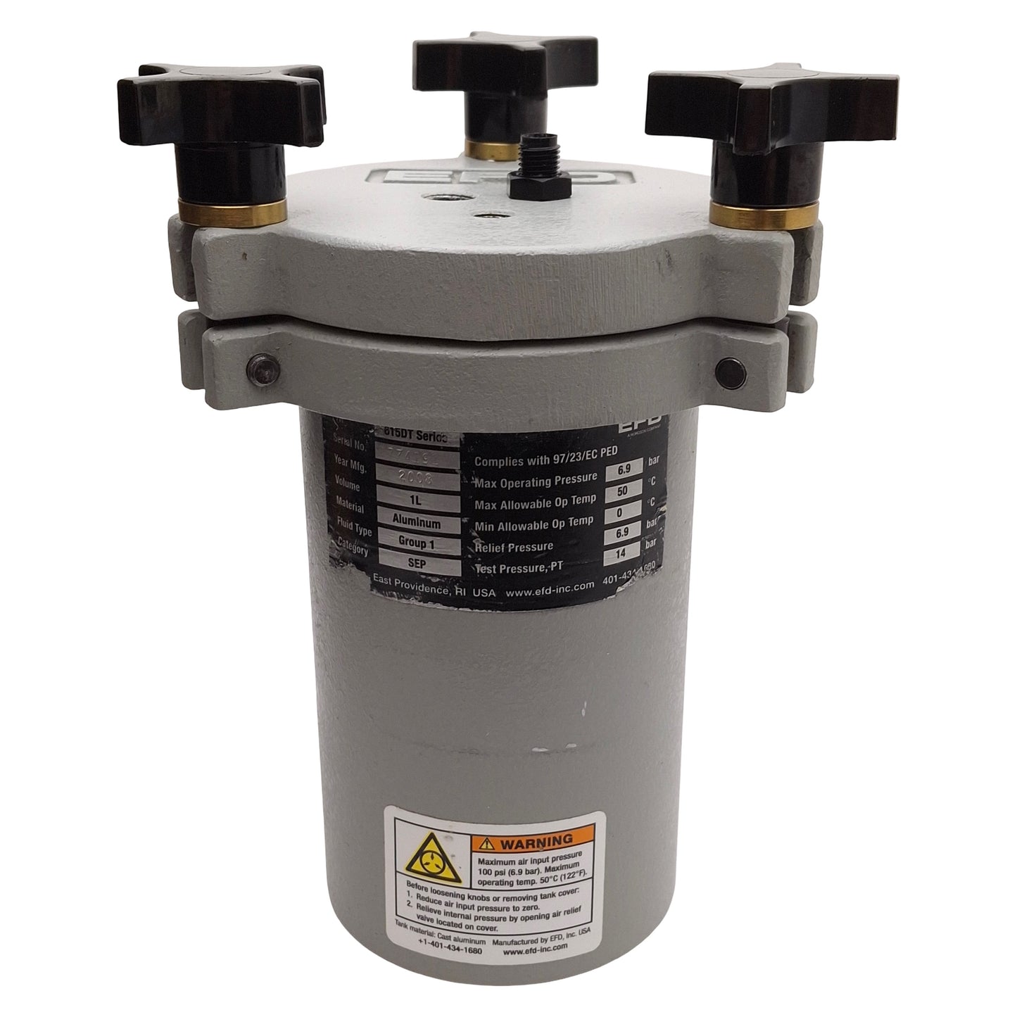Used Nordson EFD 615DT Cast Aluminum Fluid Pressure Reservoir, 1L, 6.9 bar, 50°C