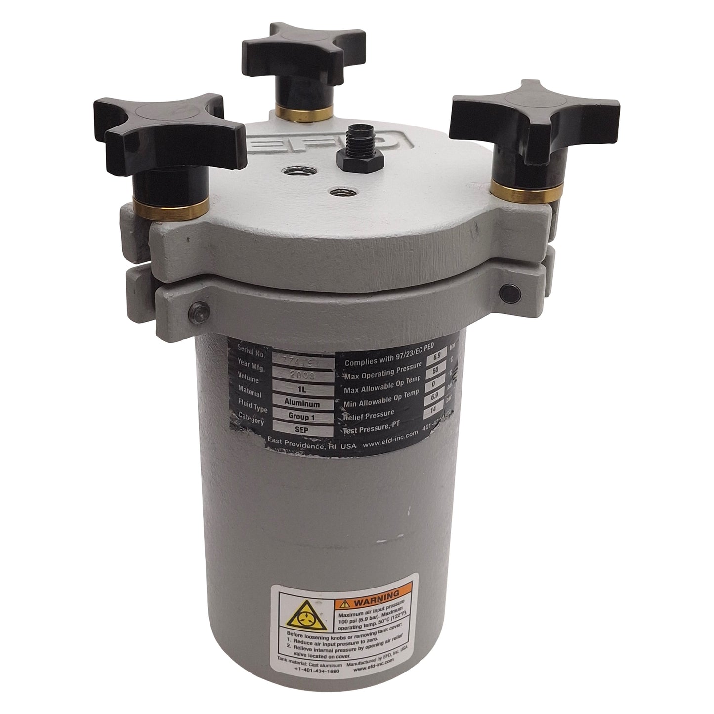 Used Nordson EFD 615DT Cast Aluminum Fluid Pressure Reservoir, 1L, 6.9 bar, 50°C