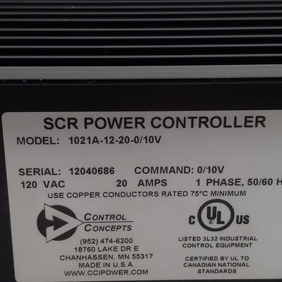 Used Control Concepts 1021A-12-20-0/10V SCR Power Controller 120VAC 20A *Not Complete
