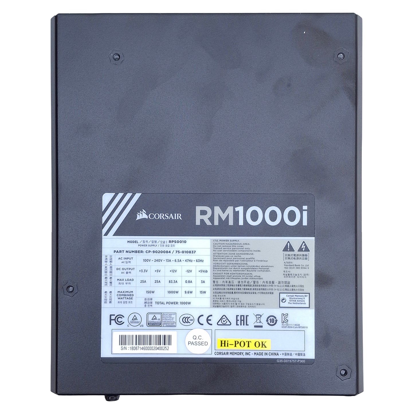 Used Corsair RPS0010 RM1000i Power Supply 1000W Output, 100-240VAC Input, 6.5-13A