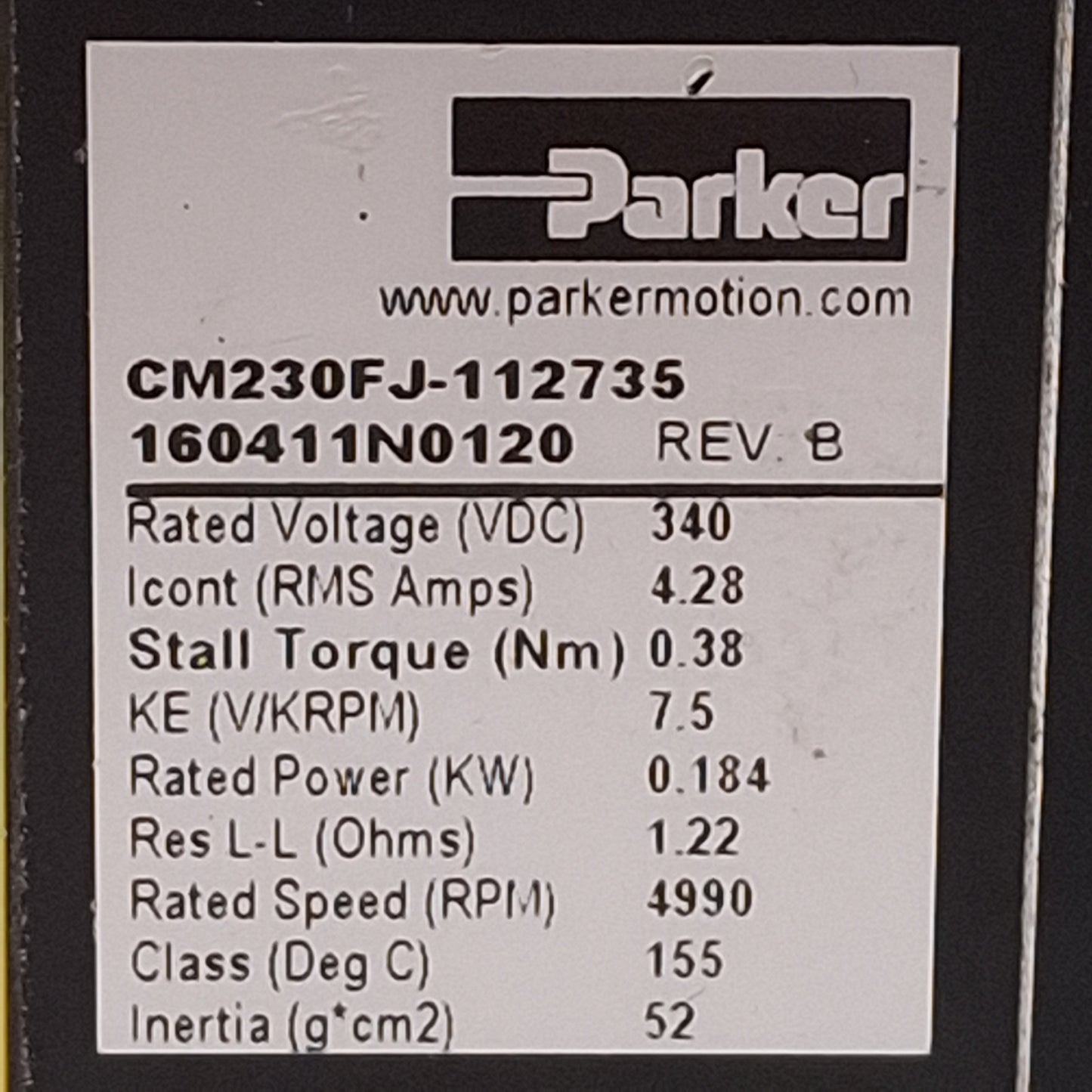 Used Parker CM230FJ-112735 Servo Motor, 0.184kW, 0.38Nm, 4990rpm, 340VDC Bus, NEMA 23