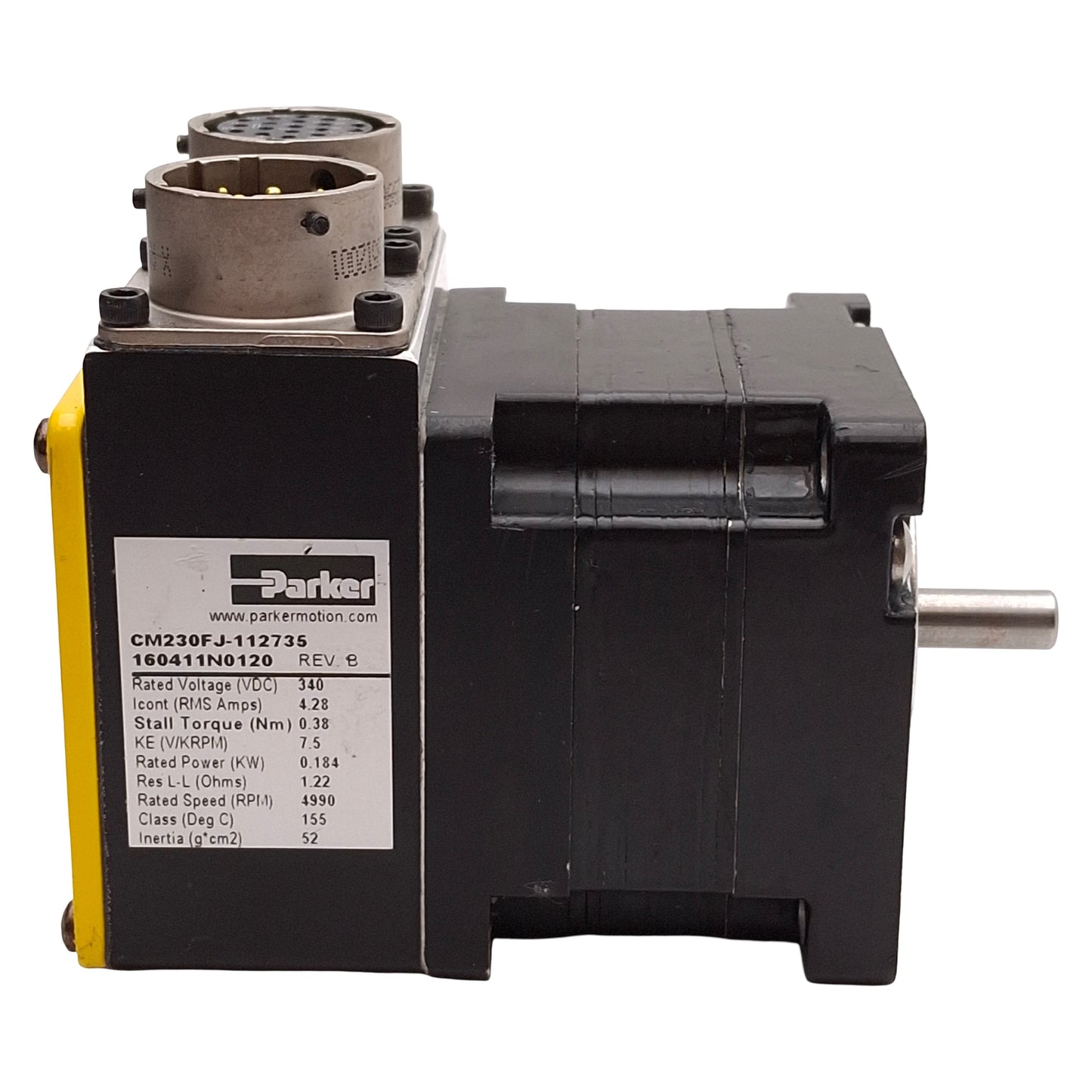 Used Parker CM230FJ-112735 Servo Motor, 0.184kW, 0.38Nm, 4990rpm, 340VDC Bus, NEMA 23