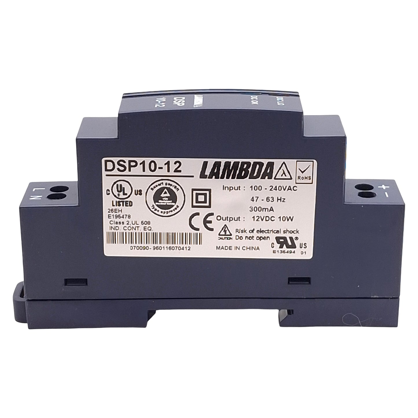 Used TDK-Lambda DSP10-12 PLC Power Supply, 10W, 100-240VAC IN, 12VDC OUT, DIN Rail