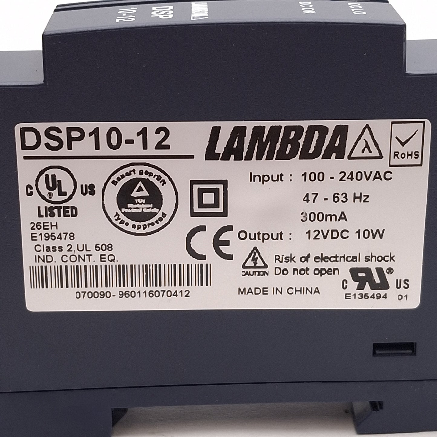 Used TDK-Lambda DSP10-12 PLC Power Supply, 10W, 100-240VAC IN, 12VDC OUT, DIN Rail