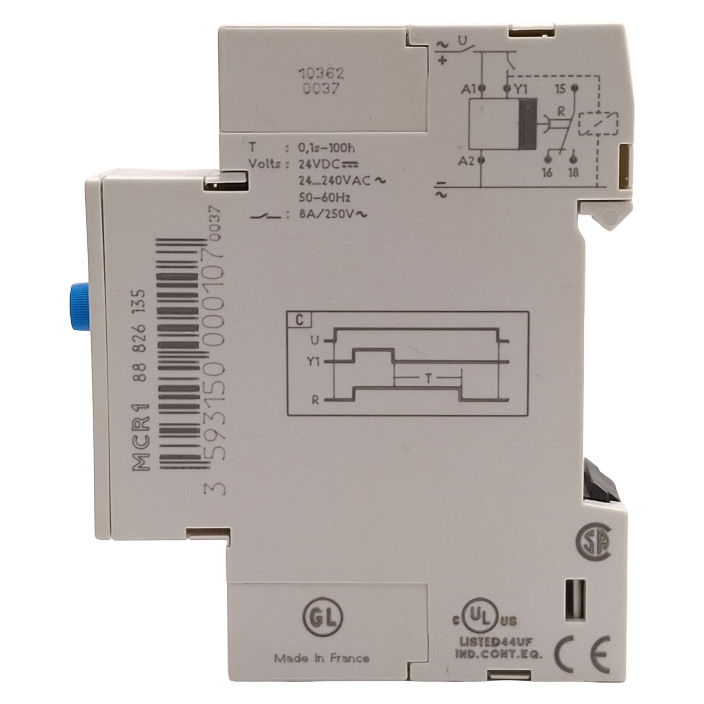 Used Crouzet 88826135 MCR1 Timer Relay, 0.1s-100h, 8A, 24-240VAC/24VDC, DIN Rail