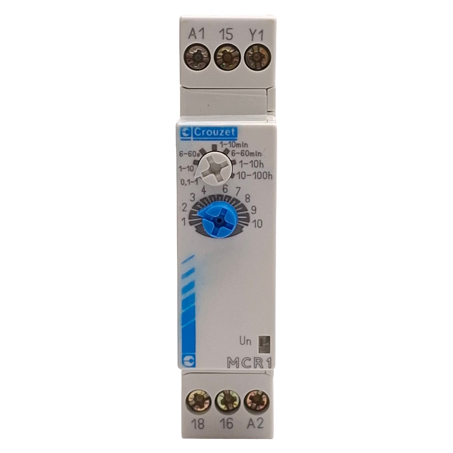 Used Crouzet 88826135 MCR1 Timer Relay, 0.1s-100h, 8A, 24-240VAC/24VDC, DIN Rail