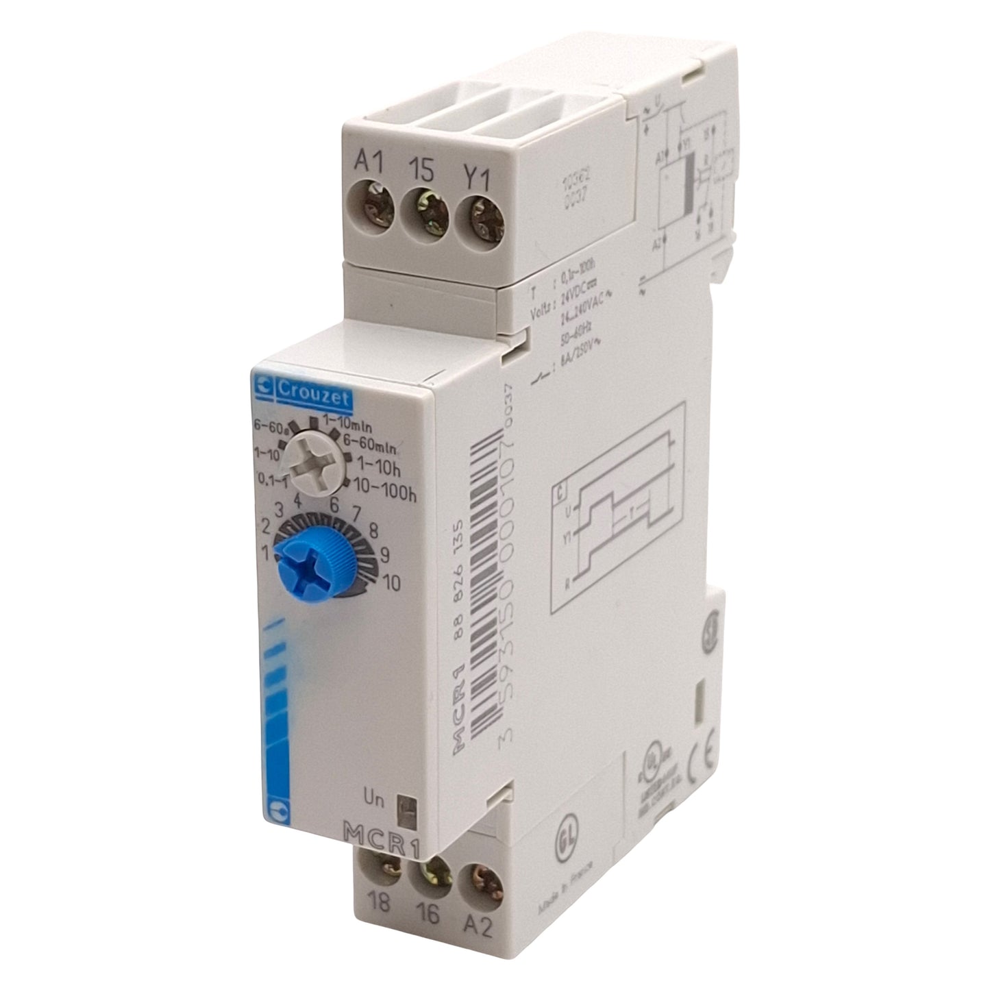 Used Crouzet 88826135 MCR1 Timer Relay, 0.1s-100h, 8A, 24-240VAC/24VDC, DIN Rail