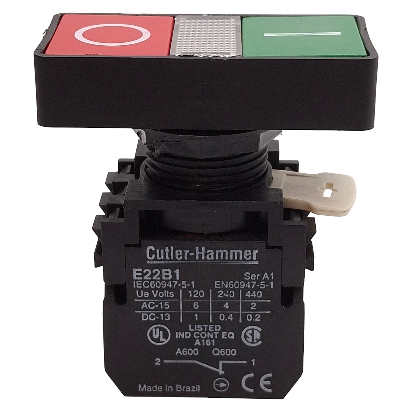 Used Eaton E22DB1B20X11C Double Headed Illuminated Pushbutton, 1NO+1NC, I/O Marking